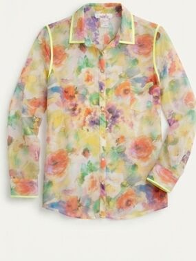 Isabel Lu Colorful Floral Sheer Button Down Blouse Neon Trim Size S